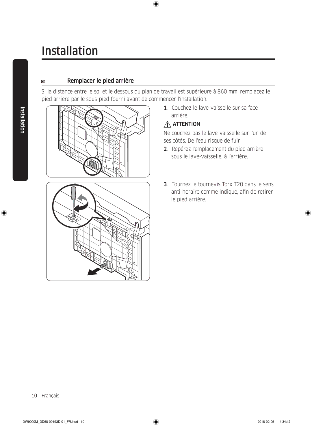 Samsung DW60M9530BB/ET, DW60M9970US/ET, DW60M9550BB/ET manual Étape 2 Remplacer le pied arrière 