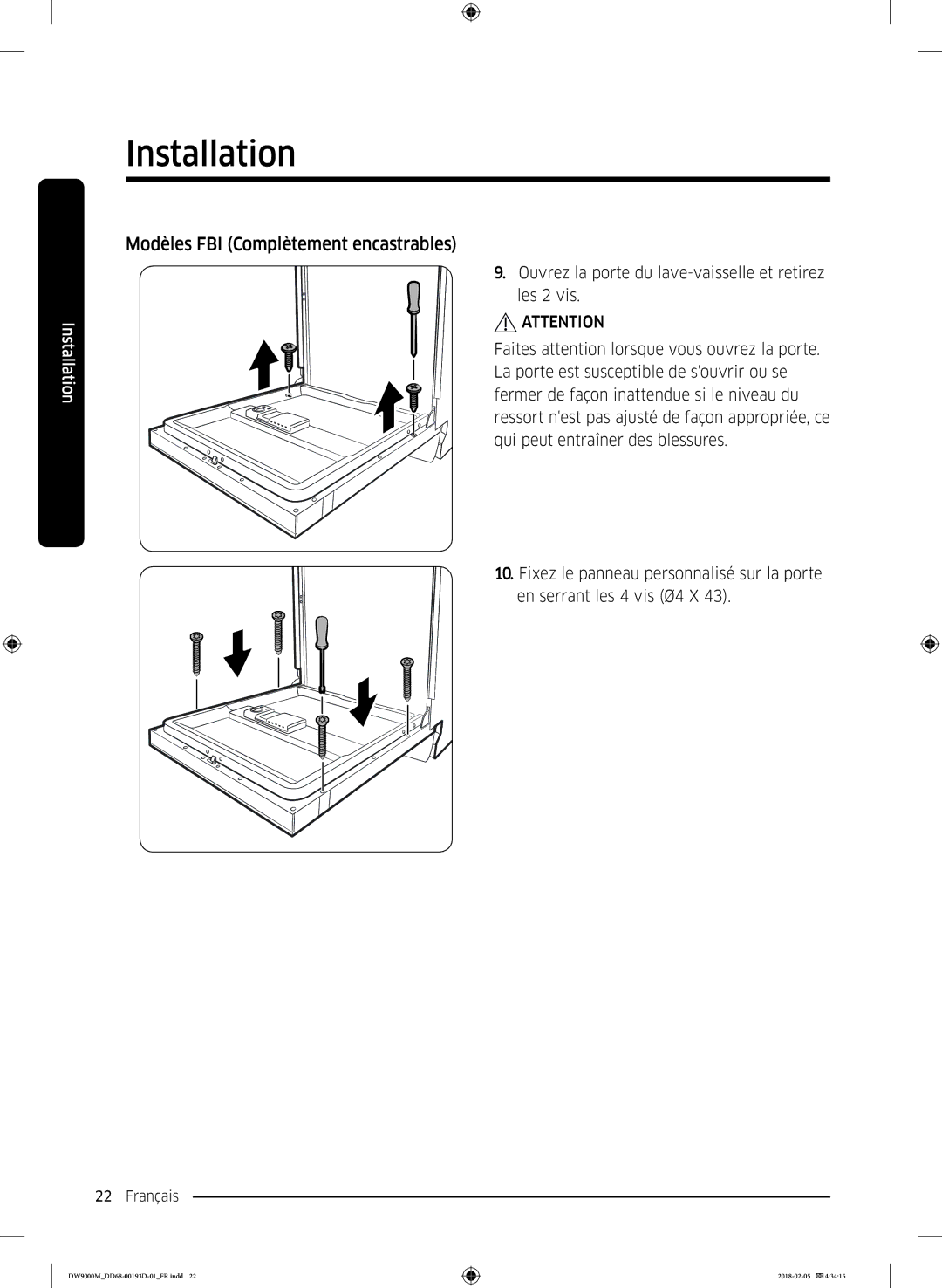 Samsung DW60M9530BB/ET, DW60M9970US/ET, DW60M9550BB/ET manual Installation 