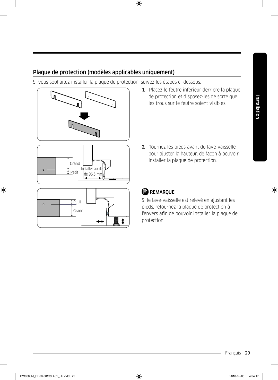 Samsung DW60M9970US/ET, DW60M9530BB/ET, DW60M9550BB/ET manual Plaque de protection modèles applicables uniquement 