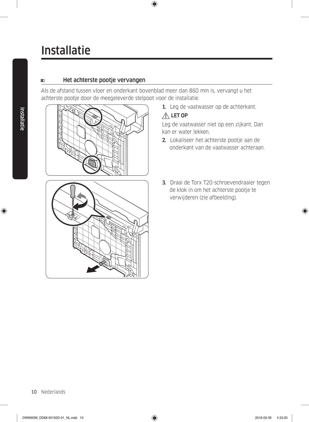 Samsung DW60M9550BB/ET, DW60M9530BB/ET, DW60M9970US/ET manual Stap 2 Het achterste pootje vervangen 