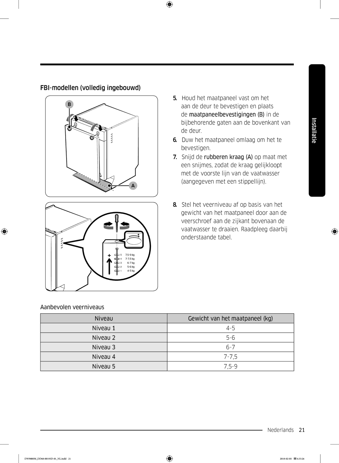 Samsung DW60M9970US/ET, DW60M9530BB/ET, DW60M9550BB/ET manual Aanbevolen veerniveaus Niveau Gewicht van het maatpaneel kg 