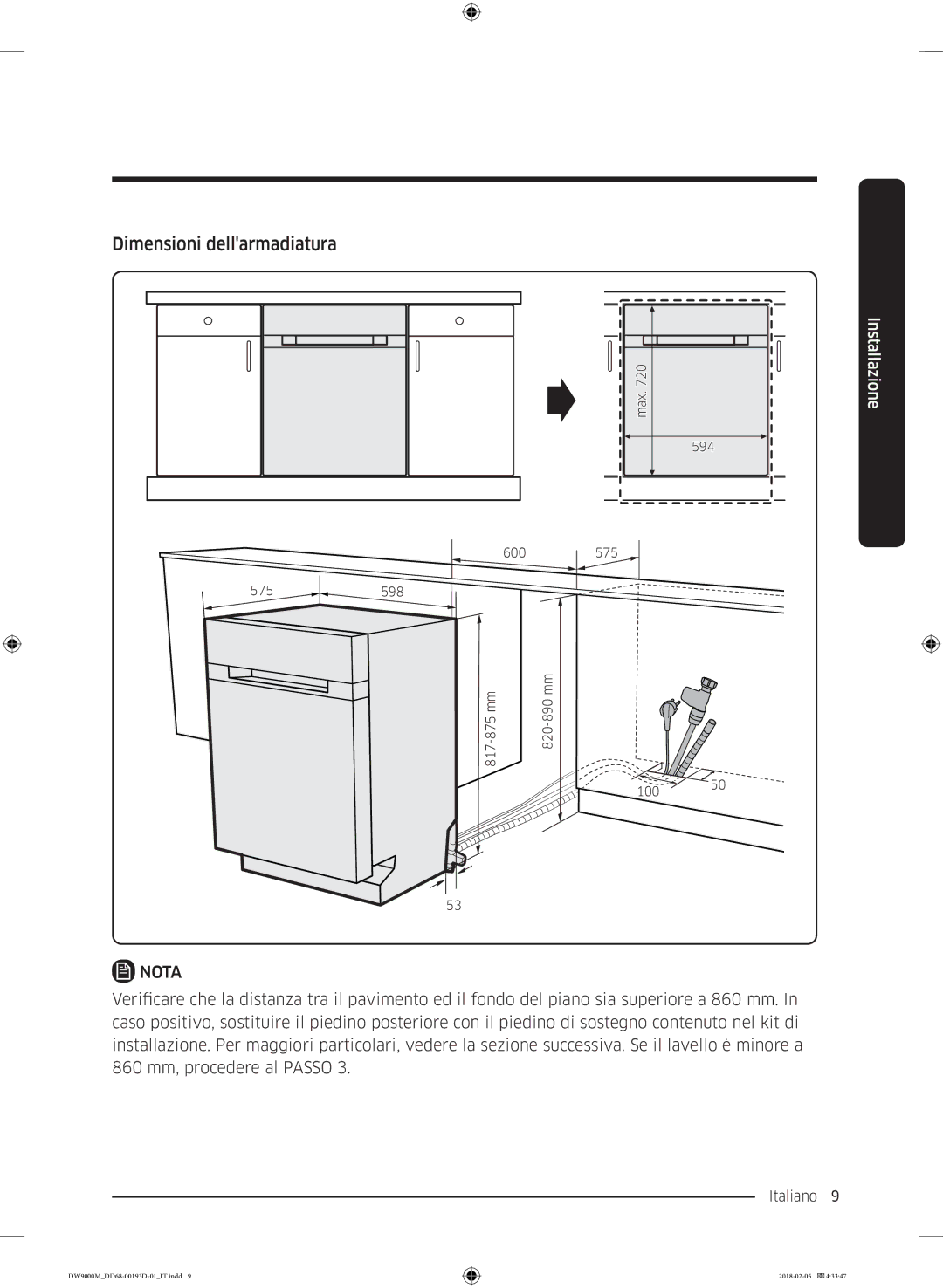 Samsung DW60M9530BB/ET, DW60M9970US/ET, DW60M9550BB/ET manual Dimensioni dellarmadiatura 