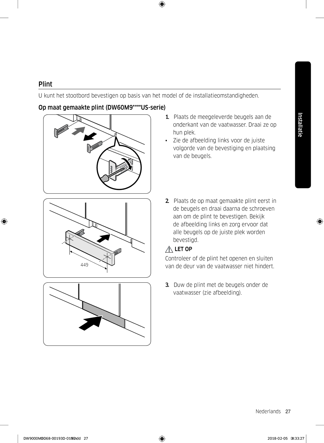 Samsung DW60M9970US/ET, DW60M9530BB/ET, DW60M9550BB/ET manual Plint, Op maat gemaakte plint DW60M9****US-serie 