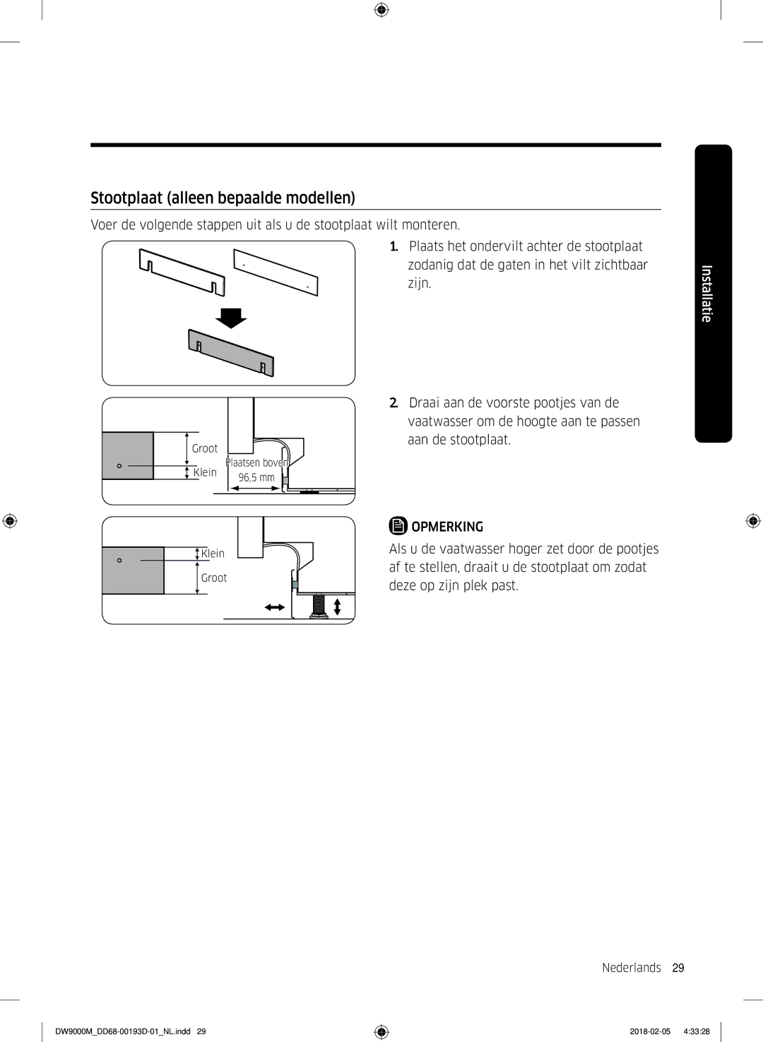 Samsung DW60M9530BB/ET, DW60M9970US/ET, DW60M9550BB/ET manual Stootplaat alleen bepaalde modellen 