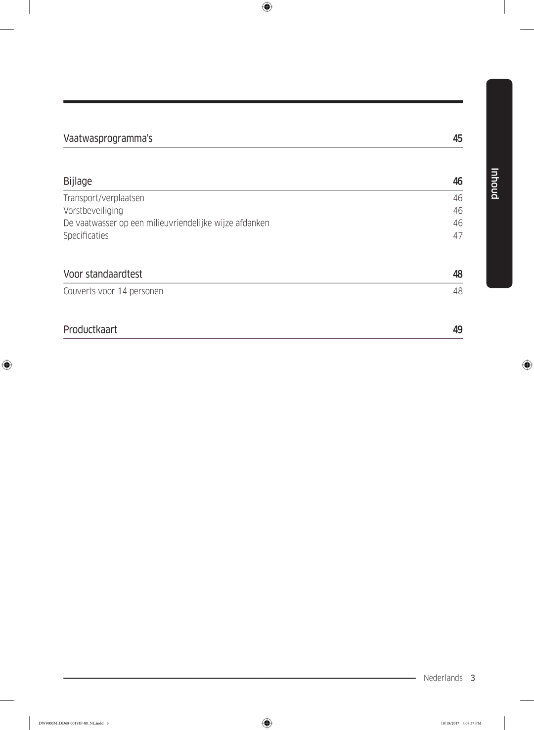 Samsung DW60M9550BB/ET, DW60M9530BB/ET, DW60M9970US/ET manual Vaatwasprogrammas Bijlage, Voor standaardtest, Productkaart 