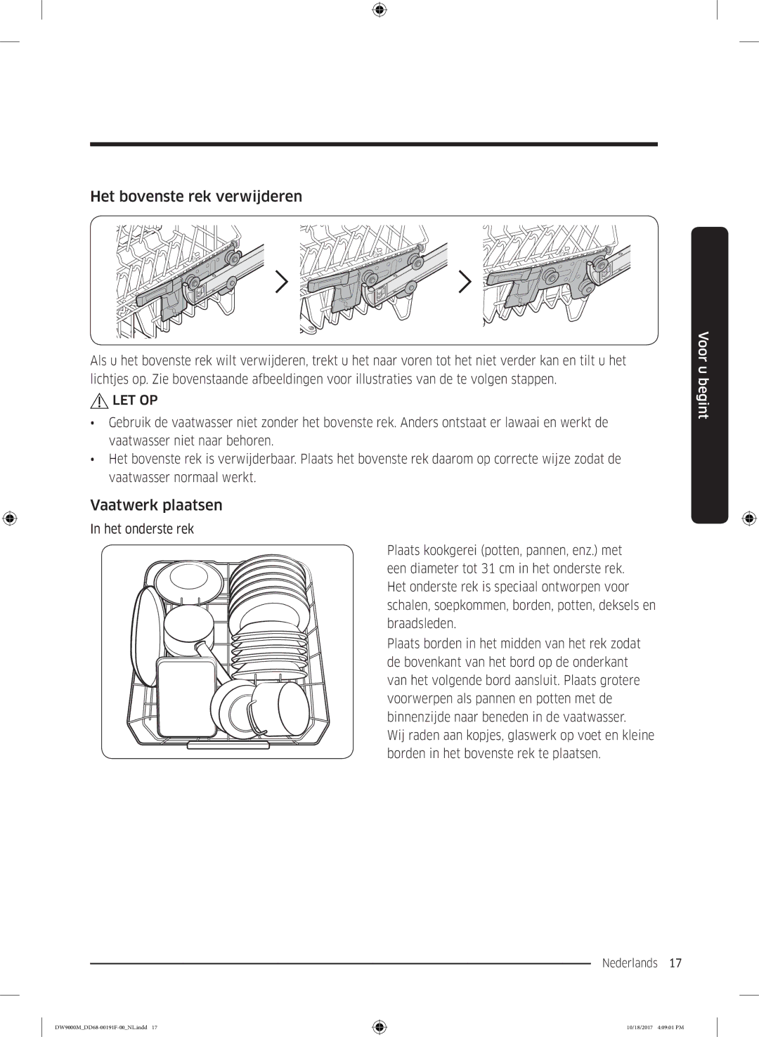 Samsung DW60M9970US/ET, DW60M9530BB/ET, DW60M9550BB/ET manual Het bovenste rek verwijderen, Vaatwerk plaatsen 