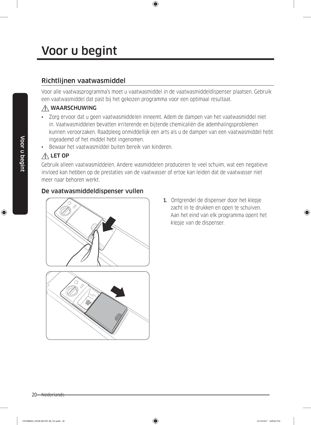 Samsung DW60M9970US/ET, DW60M9530BB/ET, DW60M9550BB/ET manual Richtlijnen vaatwasmiddel, De vaatwasmiddeldispenser vullen 