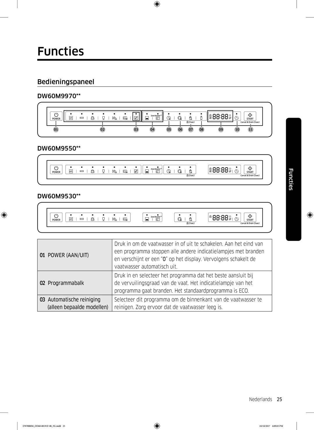 Samsung DW60M9530BB/ET, DW60M9970US/ET, DW60M9550BB/ET manual Functies, Bedieningspaneel, DW60M9970 DW60M9550, Power AAN/UIT 