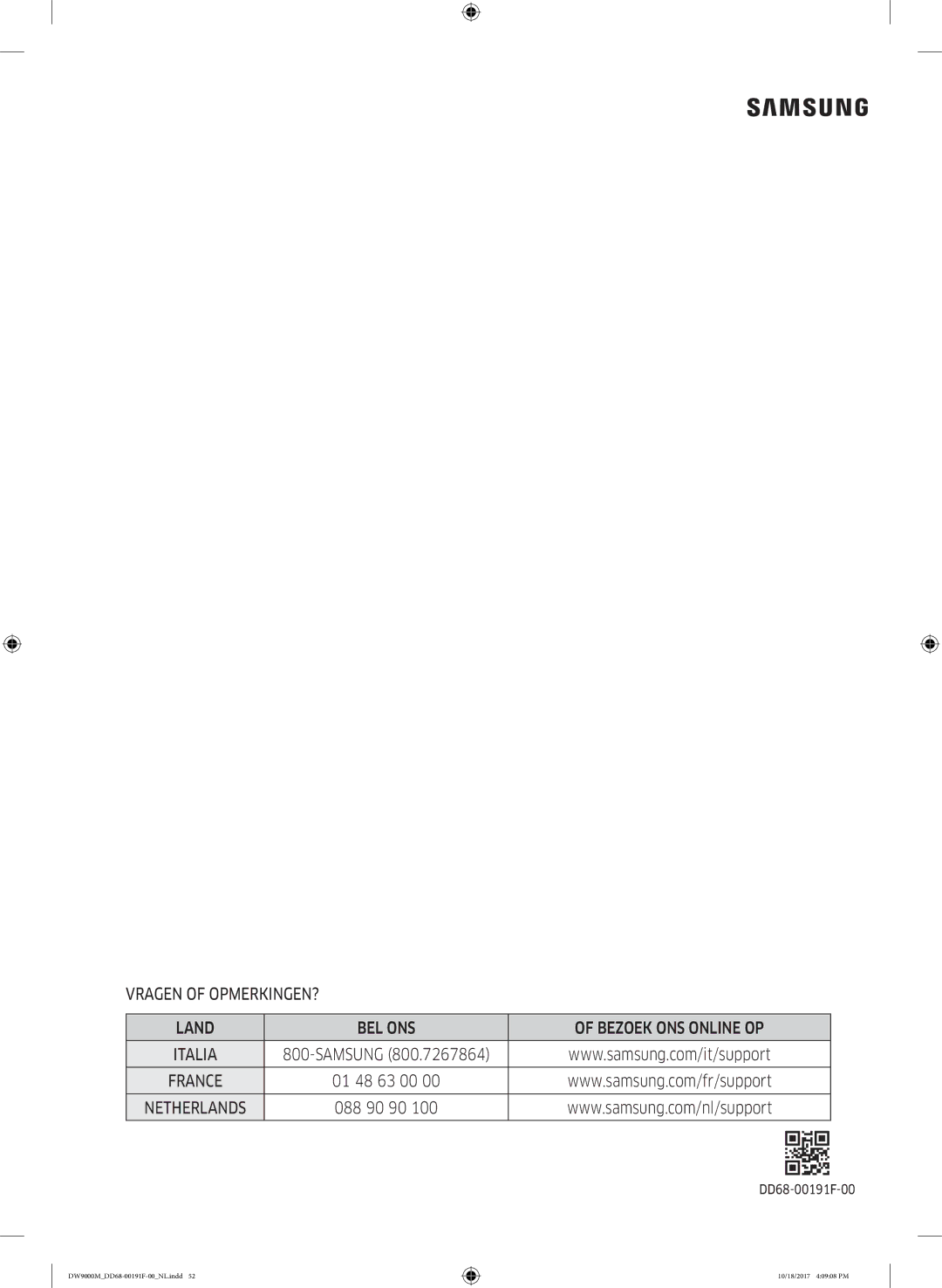 Samsung DW60M9530BB/ET, DW60M9970US/ET, DW60M9550BB/ET manual Vragen of OPMERKINGEN? Land BEL ONS Bezoek ONS Online OP 