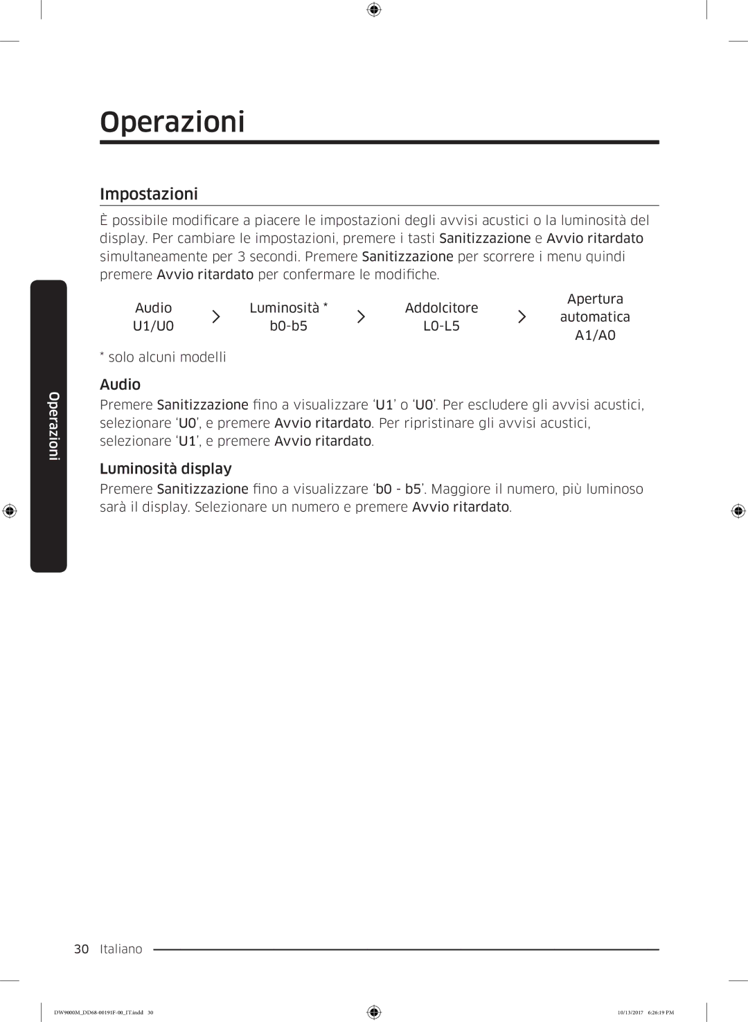 Samsung DW60M9530BB/ET, DW60M9970US/ET, DW60M9550BB/ET manual Impostazioni, Audio, Luminosità display 