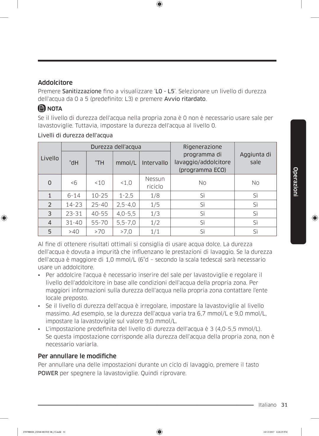 Samsung DW60M9970US/ET, DW60M9530BB/ET, DW60M9550BB/ET manual Addolcitore, Per annullare le modifiche 