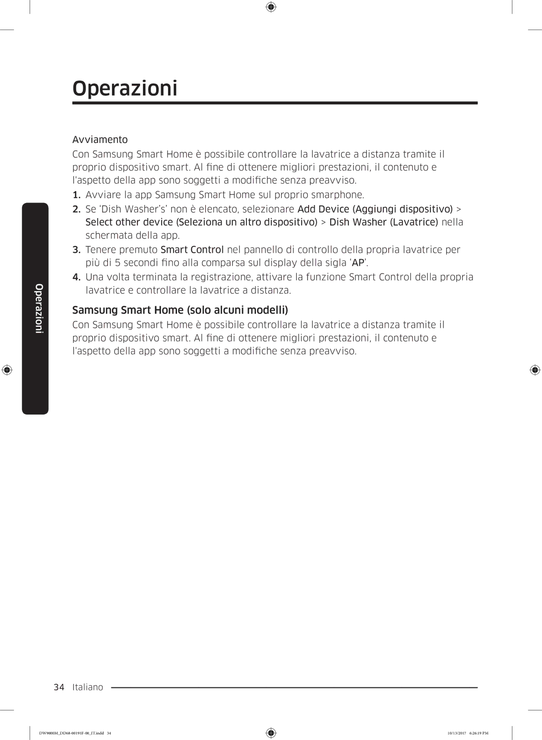 Samsung DW60M9970US/ET, DW60M9530BB/ET, DW60M9550BB/ET manual Operazioni 