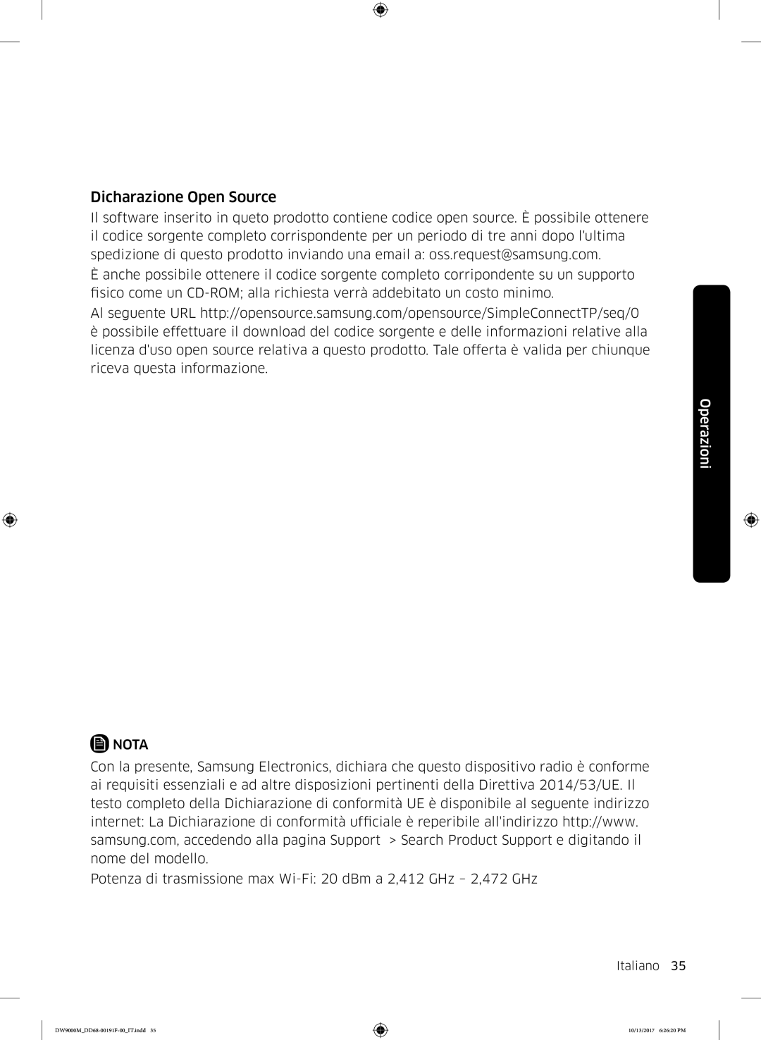 Samsung DW60M9550BB/ET, DW60M9530BB/ET, DW60M9970US/ET manual Dicharazione Open Source 