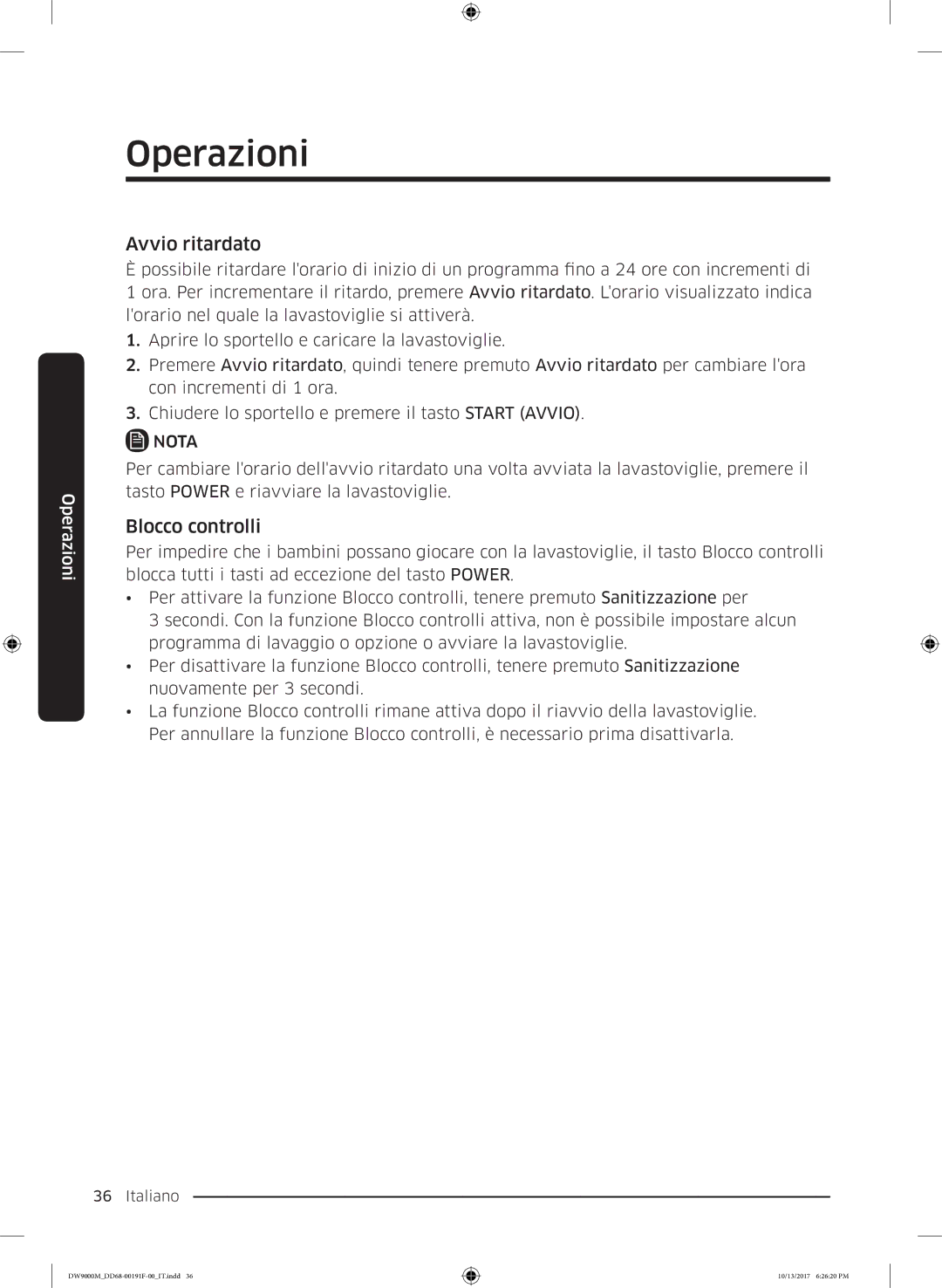 Samsung DW60M9530BB/ET, DW60M9970US/ET, DW60M9550BB/ET manual Avvio ritardato, Blocco controlli 