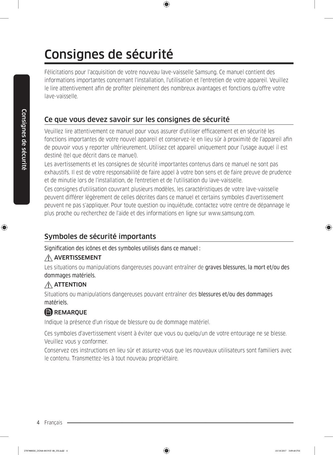 Samsung DW60M9550BB/ET manual Consignes de sécurité, Ce que vous devez savoir sur les consignes de sécurité, Avertissement 