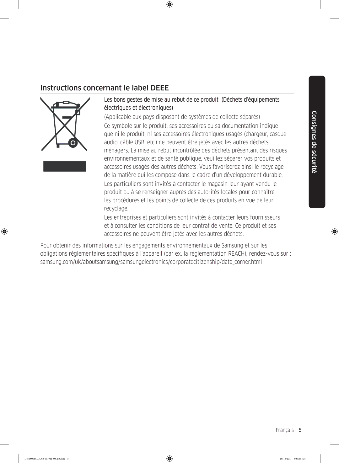 Samsung DW60M9530BB/ET, DW60M9970US/ET, DW60M9550BB/ET manual Instructions concernant le label Deee 