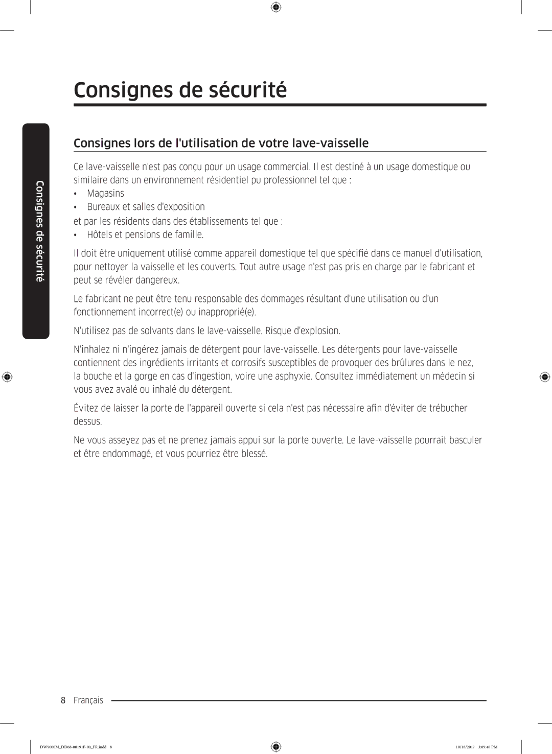 Samsung DW60M9530BB/ET, DW60M9970US/ET, DW60M9550BB/ET manual Consignes lors de lutilisation de votre lave-vaisselle 