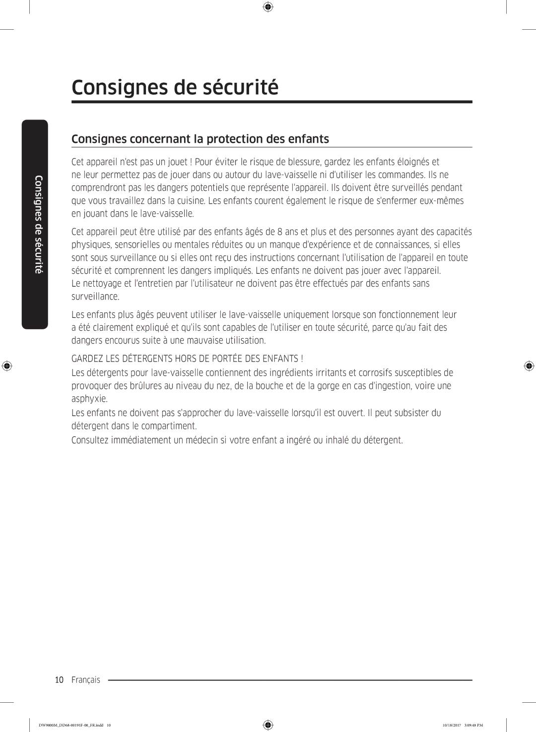 Samsung DW60M9550BB/ET Consignes concernant la protection des enfants, Gardez LES Détergents Hors DE Portée DES Enfants 