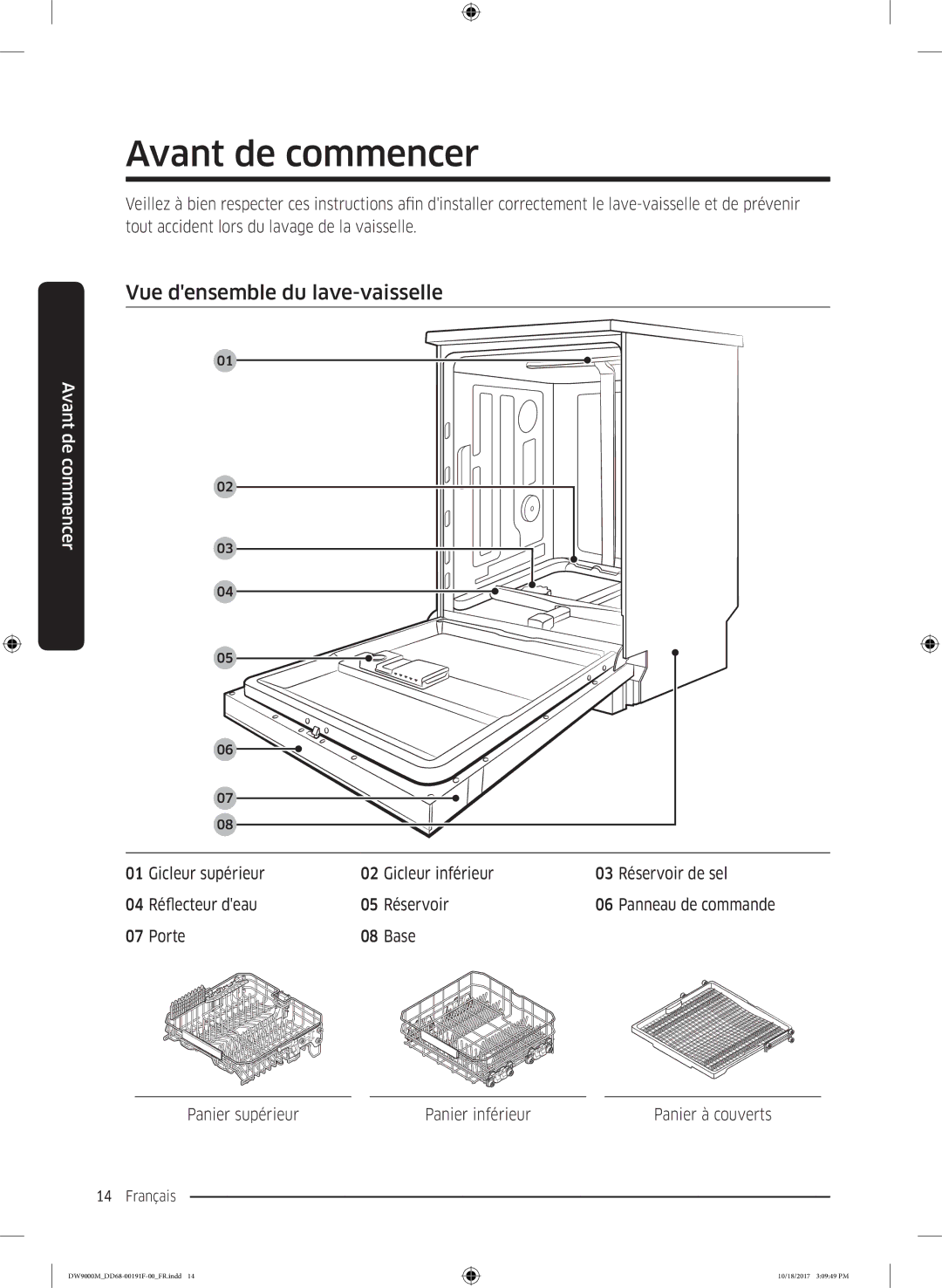 Samsung DW60M9530BB/ET, DW60M9970US/ET, DW60M9550BB/ET manual Avant de commencer, Vue densemble du lave-vaisselle 