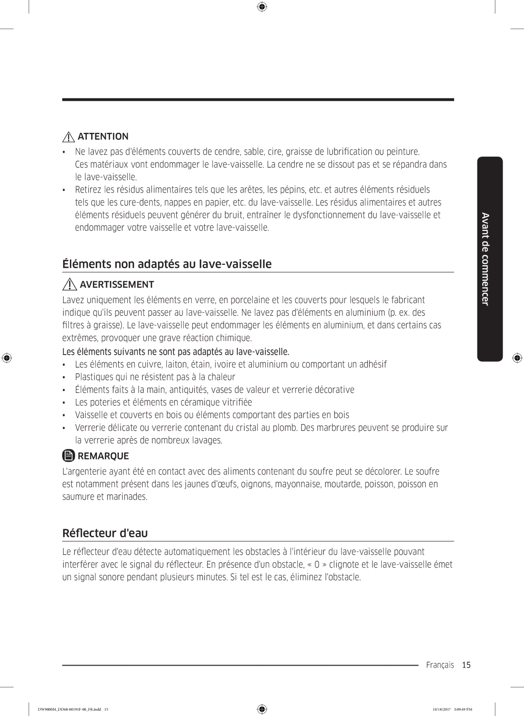 Samsung DW60M9970US/ET, DW60M9530BB/ET, DW60M9550BB/ET manual Éléments non adaptés au lave-vaisselle, Réflecteur deau 