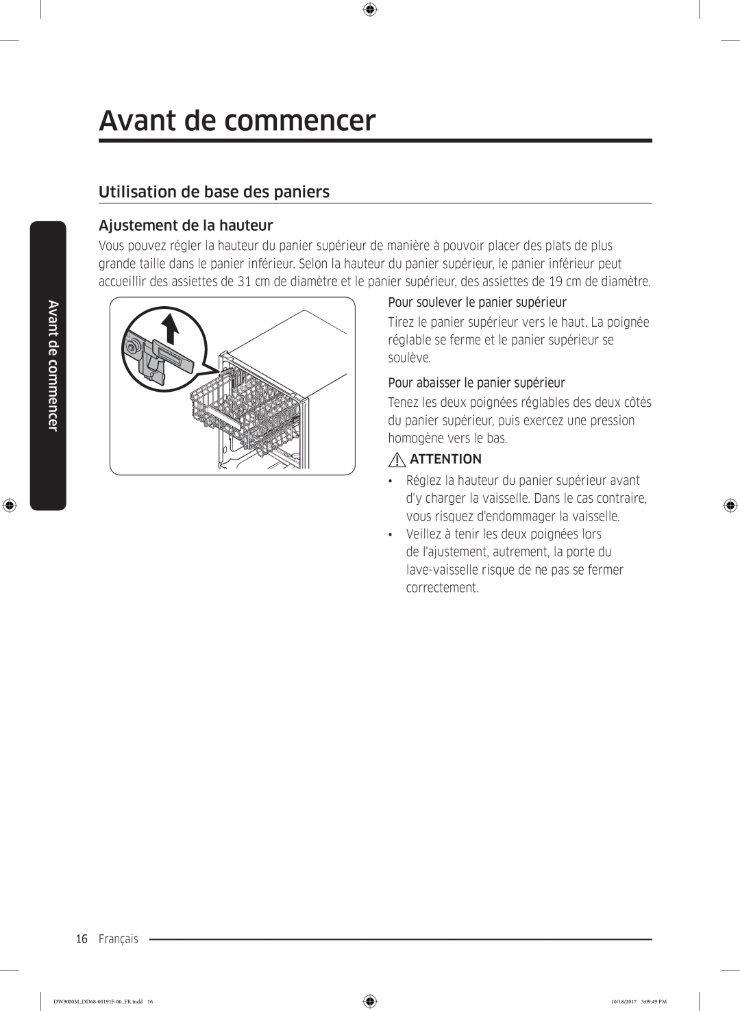 Samsung DW60M9550BB/ET, DW60M9530BB/ET, DW60M9970US/ET manual Utilisation de base des paniers, Ajustement de la hauteur 