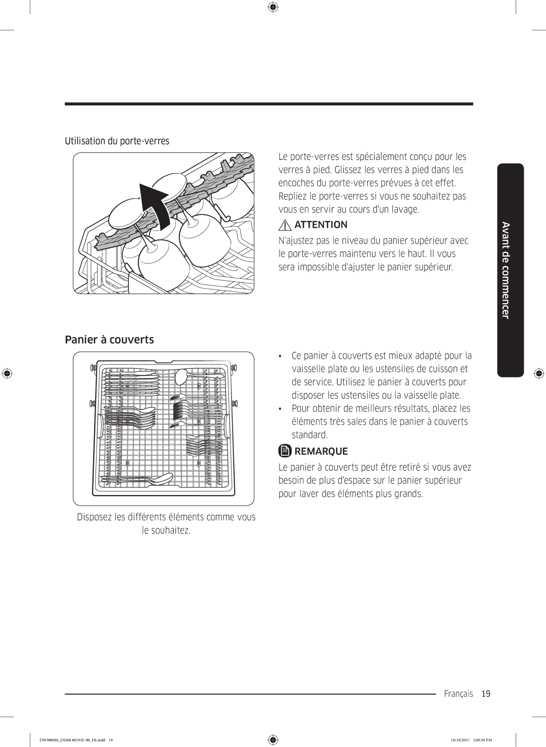 Samsung DW60M9550BB/ET, DW60M9530BB/ET, DW60M9970US/ET manual Panier à couverts, Utilisation du porte-verres 