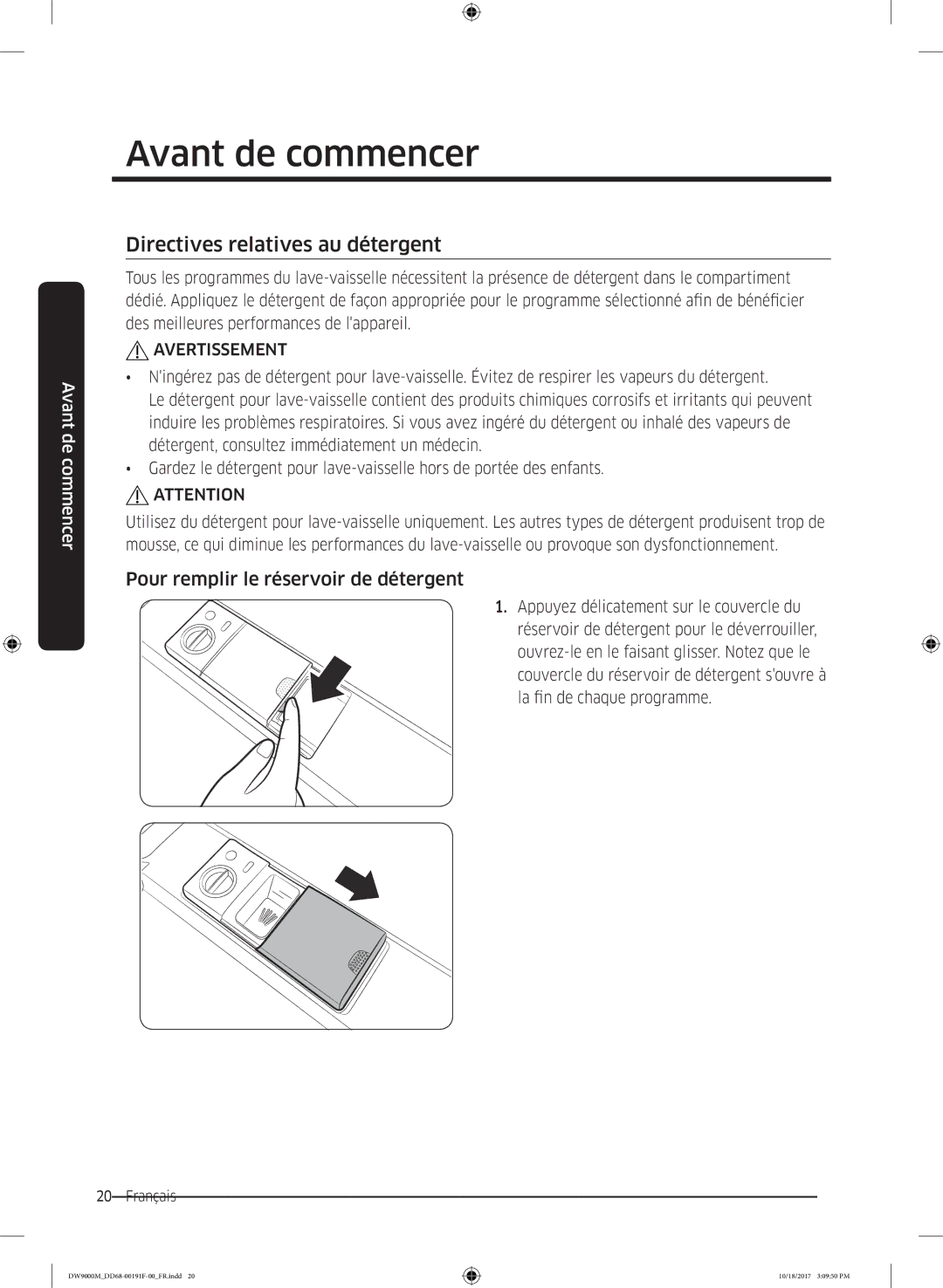 Samsung DW60M9530BB/ET, DW60M9970US/ET manual Directives relatives au détergent, Pour remplir le réservoir de détergent 