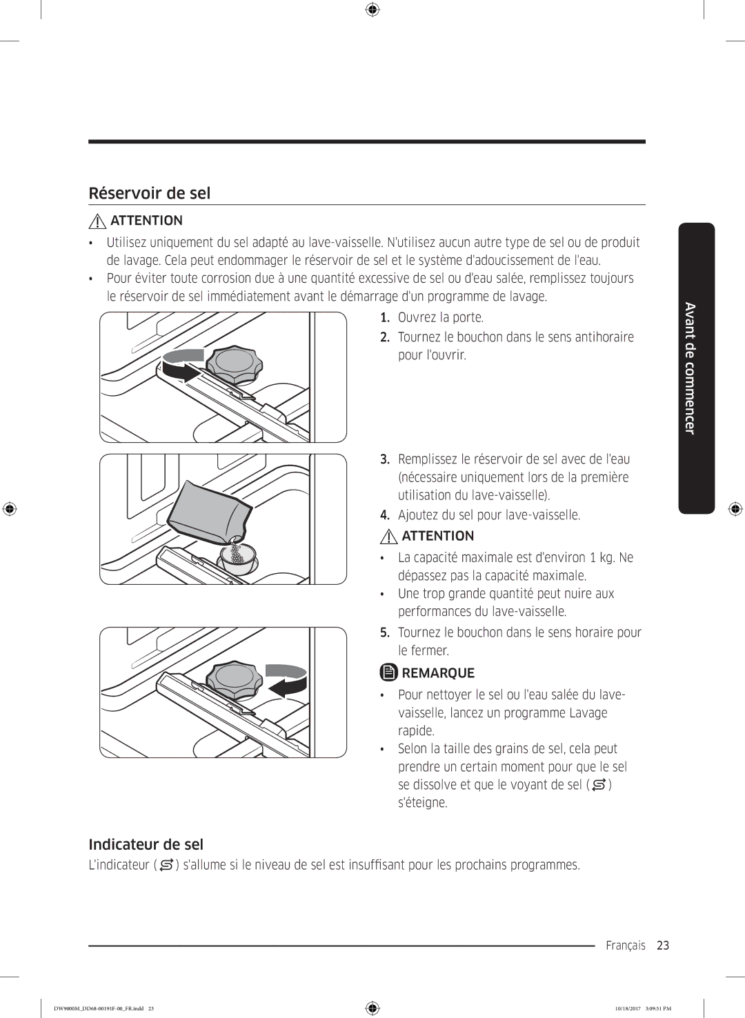 Samsung DW60M9530BB/ET, DW60M9970US/ET, DW60M9550BB/ET manual Réservoir de sel, Indicateur de sel 