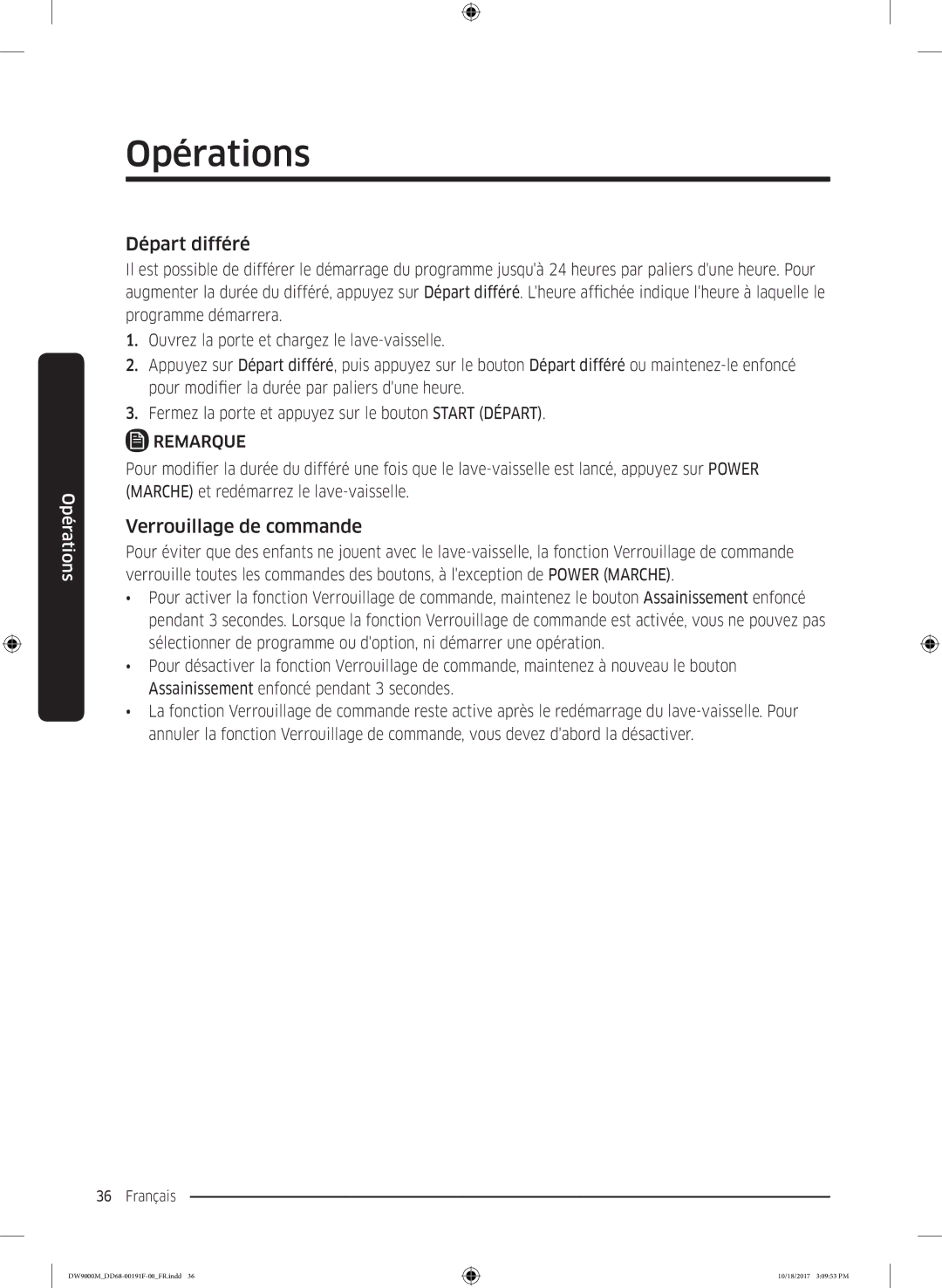 Samsung DW60M9970US/ET, DW60M9530BB/ET, DW60M9550BB/ET manual Départ différé, Verrouillage de commande 