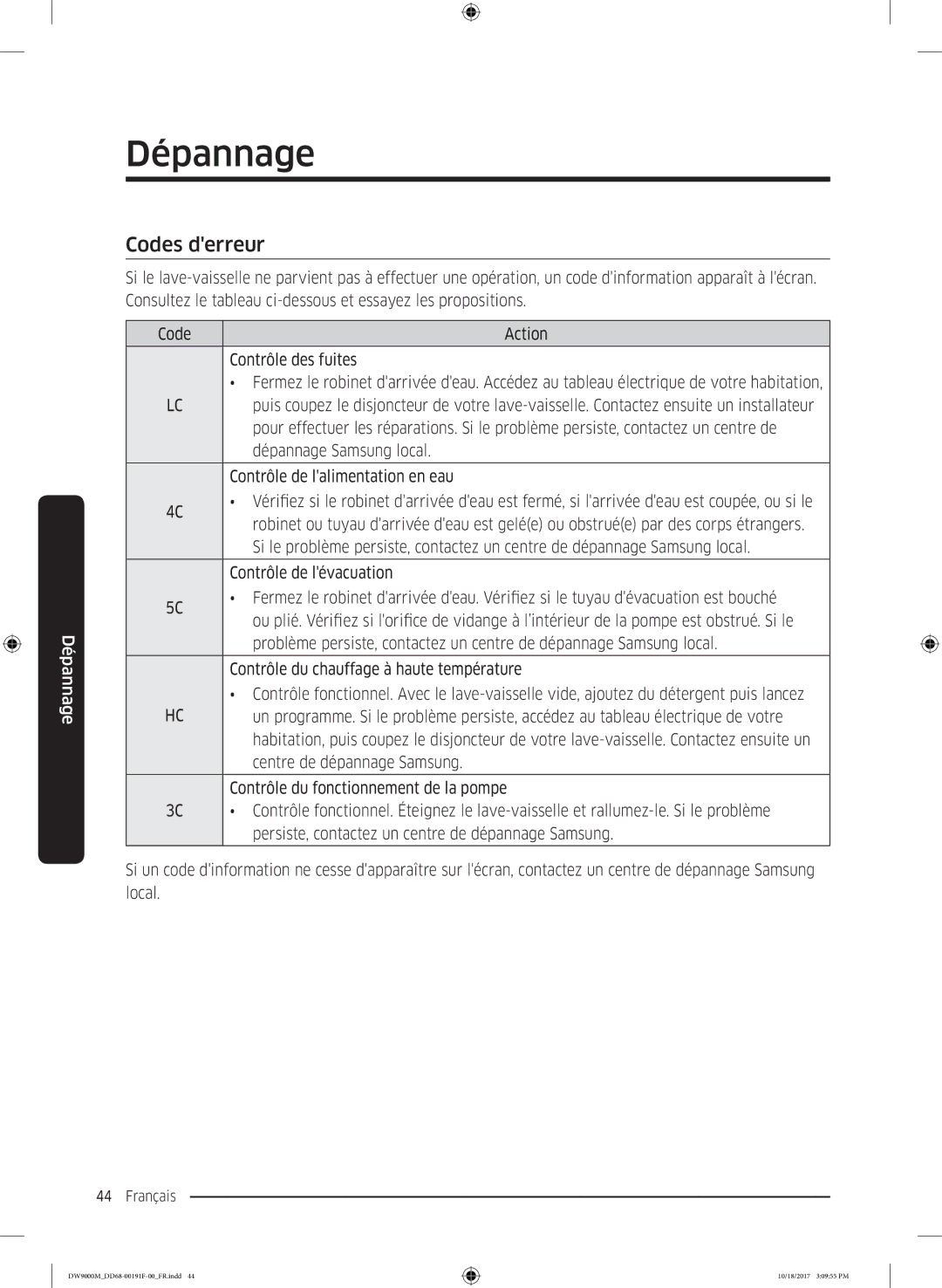 Samsung DW60M9530BB/ET, DW60M9970US/ET, DW60M9550BB/ET manual Codes derreur 