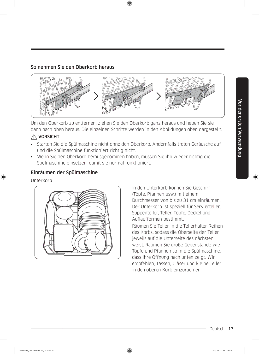 Samsung DW60M9550BB/EG manual So nehmen Sie den Oberkorb heraus, Einräumen der Spülmaschine 