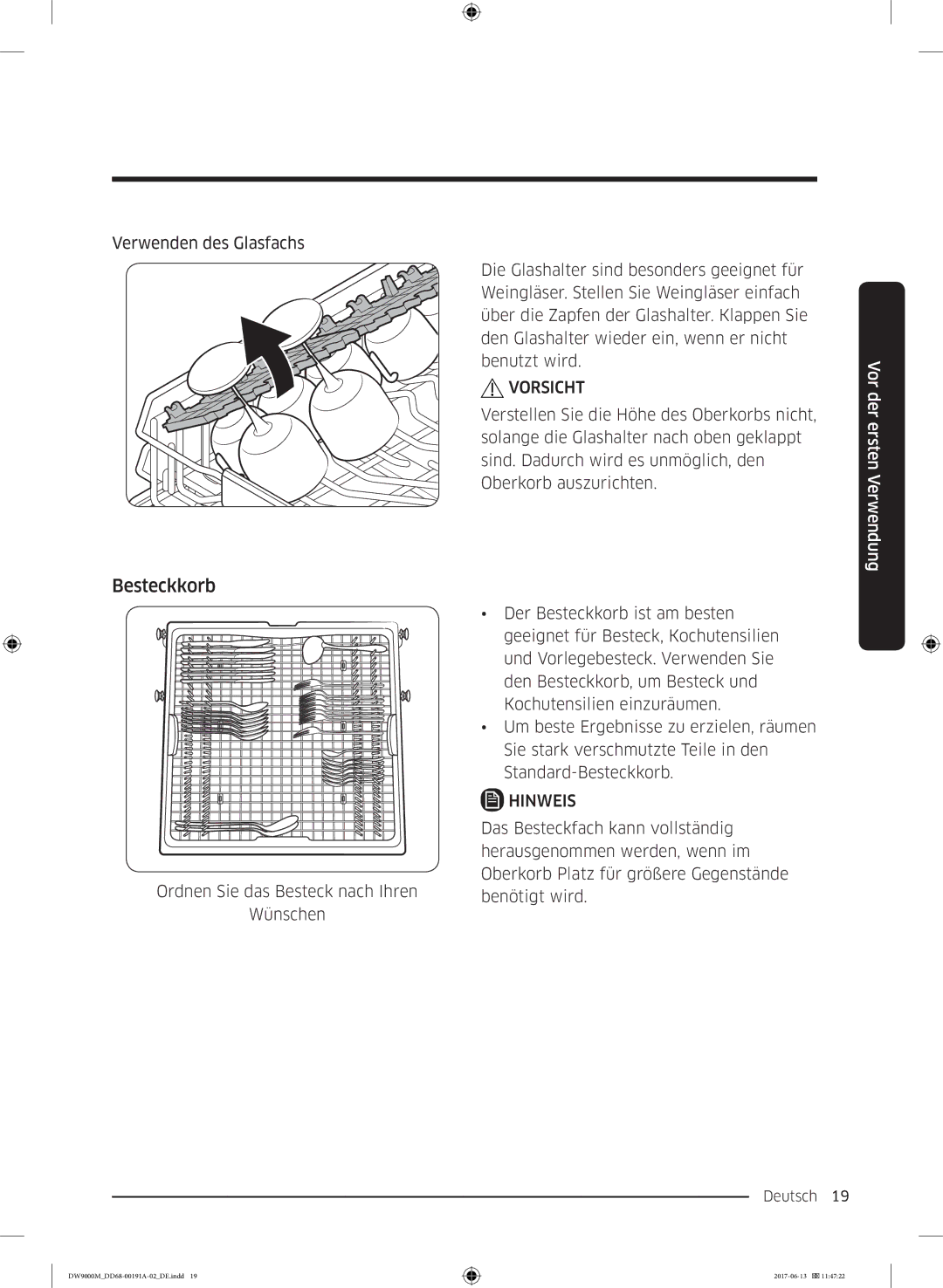 Samsung DW60M9550BB/EG manual Besteckkorb, Hinweis 