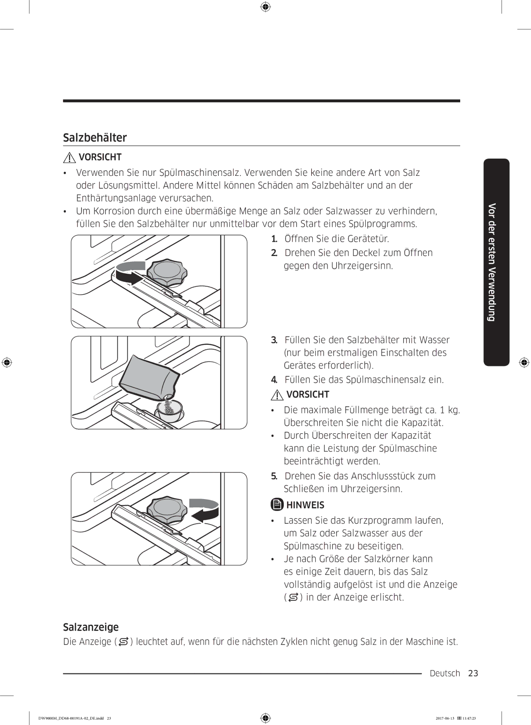 Samsung DW60M9550BB/EG manual Salzbehälter, Salzanzeige 