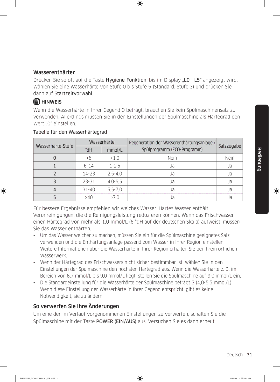 Samsung DW60M9550BB/EG manual Wasserenthärter, So verwerfen Sie Ihre Änderungen 