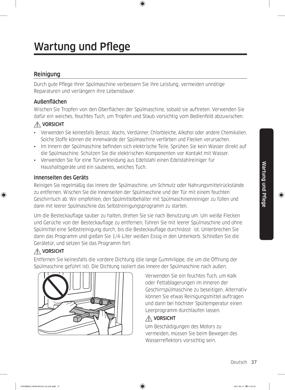 Samsung DW60M9550BB/EG manual Wartung und Pflege, Reinigung, Außenflächen, Innenseiten des Geräts 