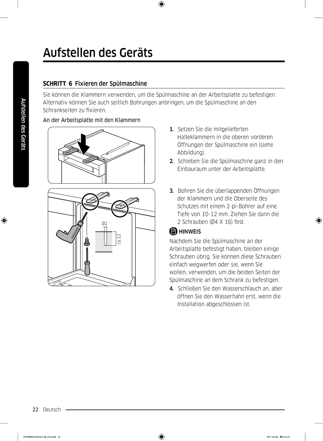 Samsung DW60M9550BB/EG manual Schritt 6 Fixieren der Spülmaschine 