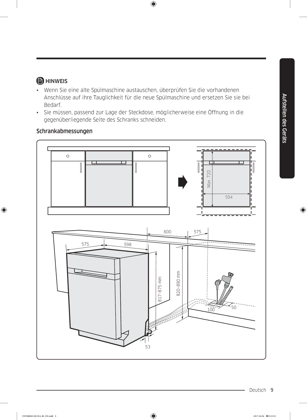 Samsung DW60M9550BB/EG manual Schrankabmessungen, Hinweis 