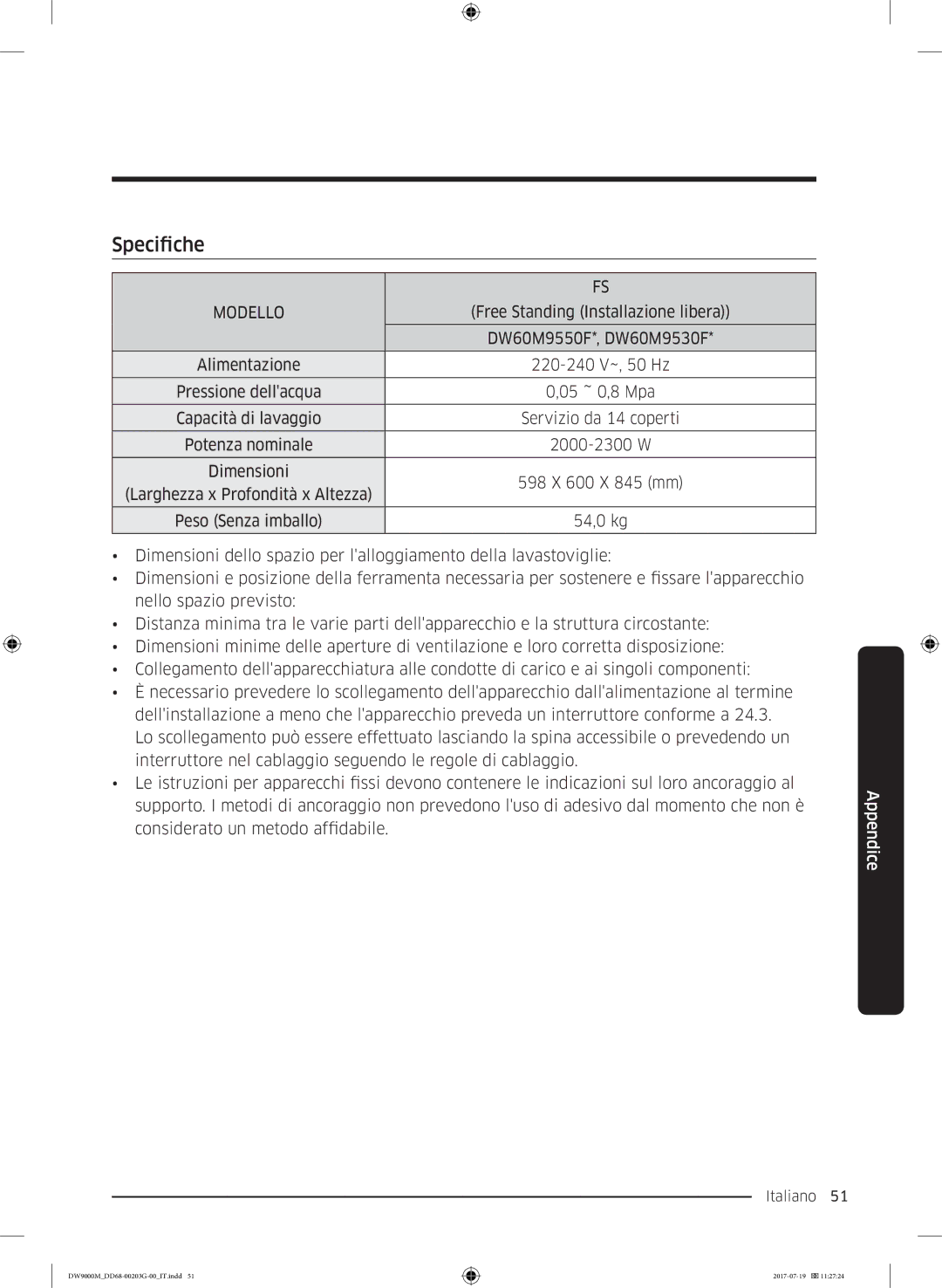 Samsung DW60M9550FW/EC, DW60M9550FS/EC manual Specifiche 