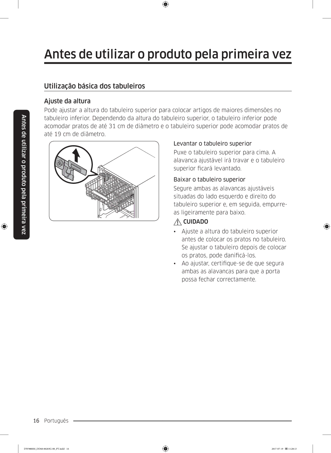 Samsung DW60M9550FS/EC, DW60M9550FW/EC manual Utilização básica dos tabuleiros, Ajuste da altura 