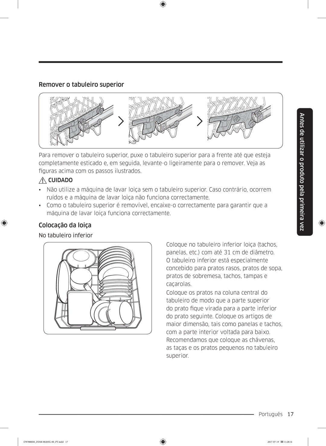 Samsung DW60M9550FW/EC, DW60M9550FS/EC manual Remover o tabuleiro superior, Colocação da loiça 