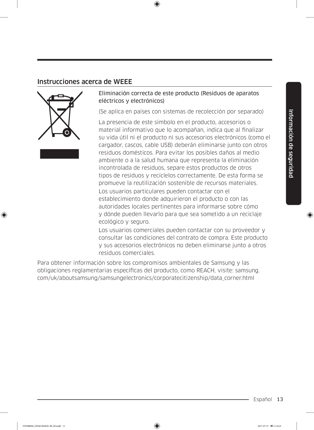 Samsung DW60M9550FW/EC, DW60M9550FS/EC manual Instrucciones acerca de Weee 