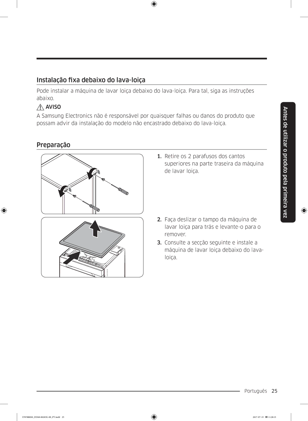 Samsung DW60M9550FW/EC, DW60M9550FS/EC manual Instalação fixa debaixo do lava-loiça, Preparação 