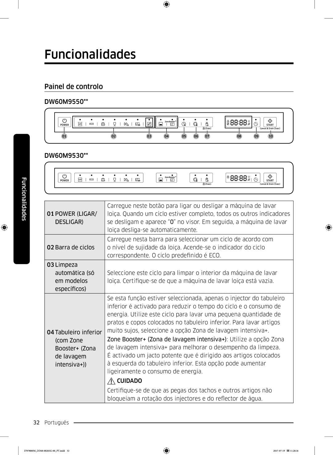 Samsung DW60M9550FS/EC, DW60M9550FW/EC manual Funcionalidades, Painel de controlo, Power Ligar, Desligar 