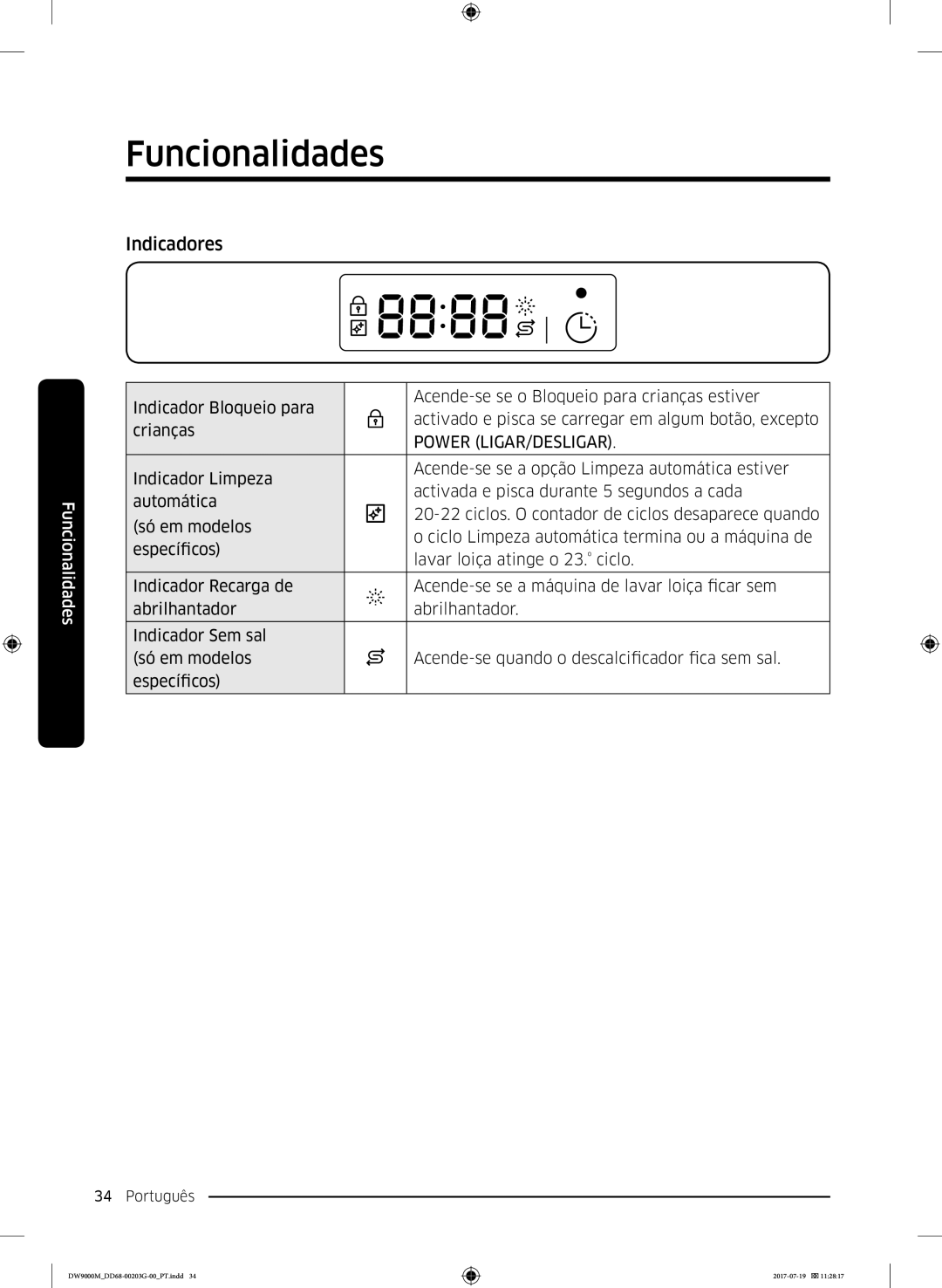 Samsung DW60M9550FS/EC, DW60M9550FW/EC manual Indicadores, Power LIGAR/DESLIGAR 