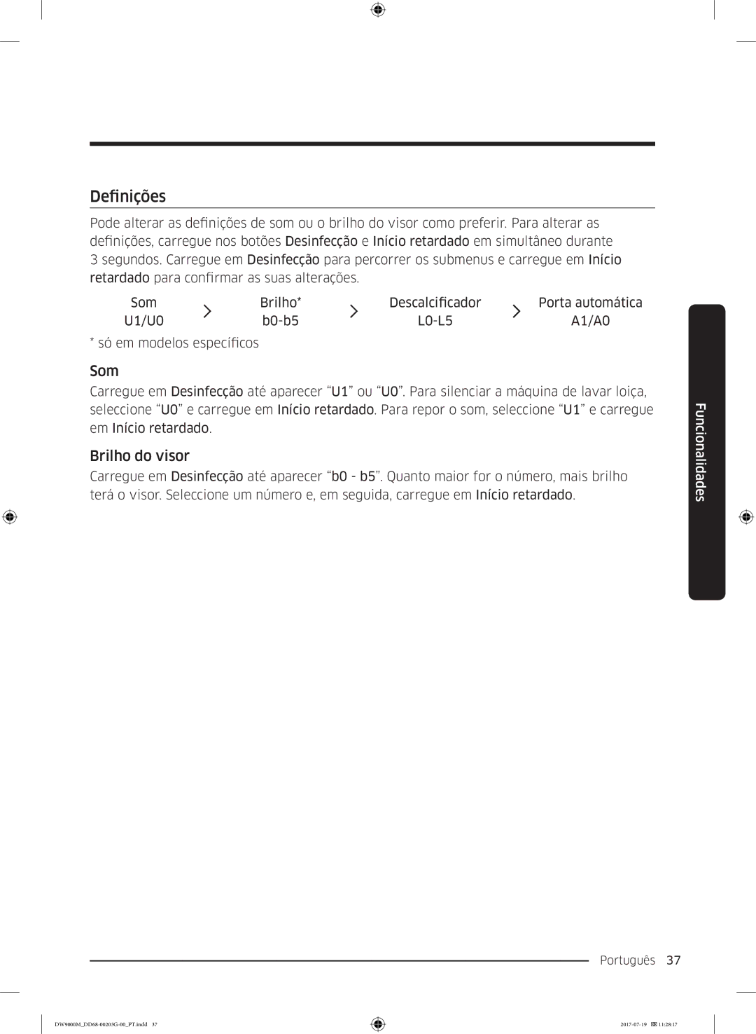 Samsung DW60M9550FW/EC, DW60M9550FS/EC manual Definições, Som, Brilho do visor 