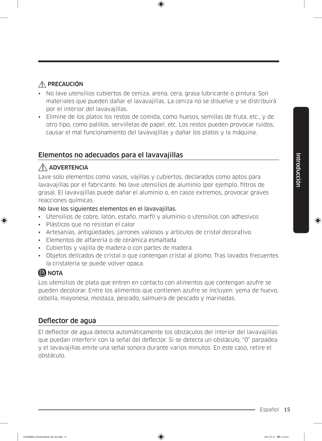 Samsung DW60M9550FW/EC, DW60M9550FS/EC manual Elementos no adecuados para el lavavajillas, Deflector de agua 