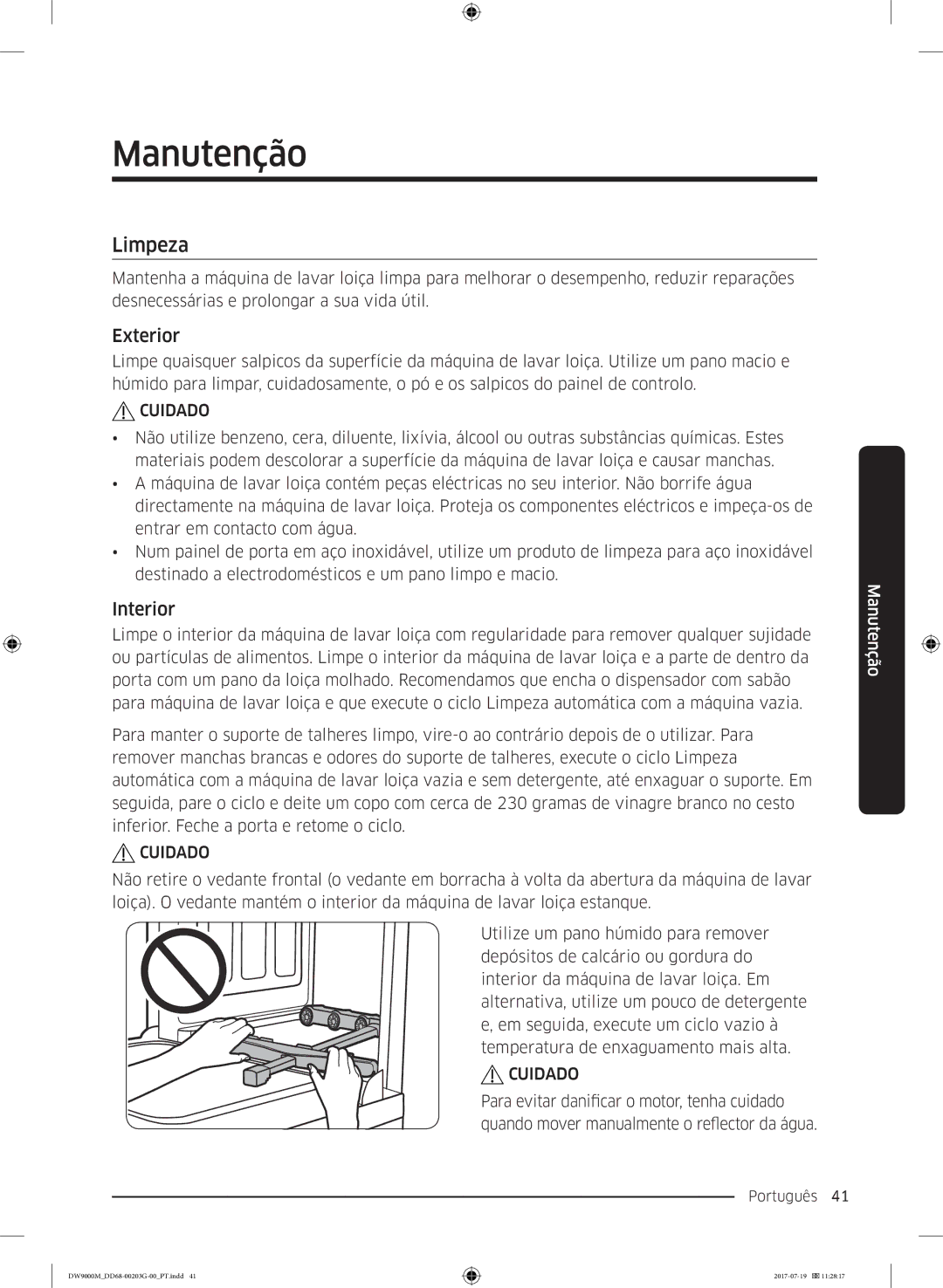 Samsung DW60M9550FW/EC, DW60M9550FS/EC manual Manutenção, Limpeza 