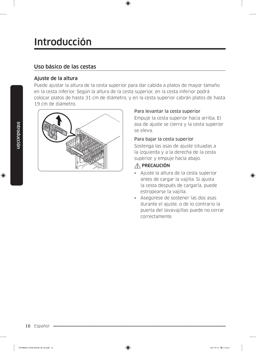 Samsung DW60M9550FS/EC, DW60M9550FW/EC manual Uso básico de las cestas, Ajuste de la altura 