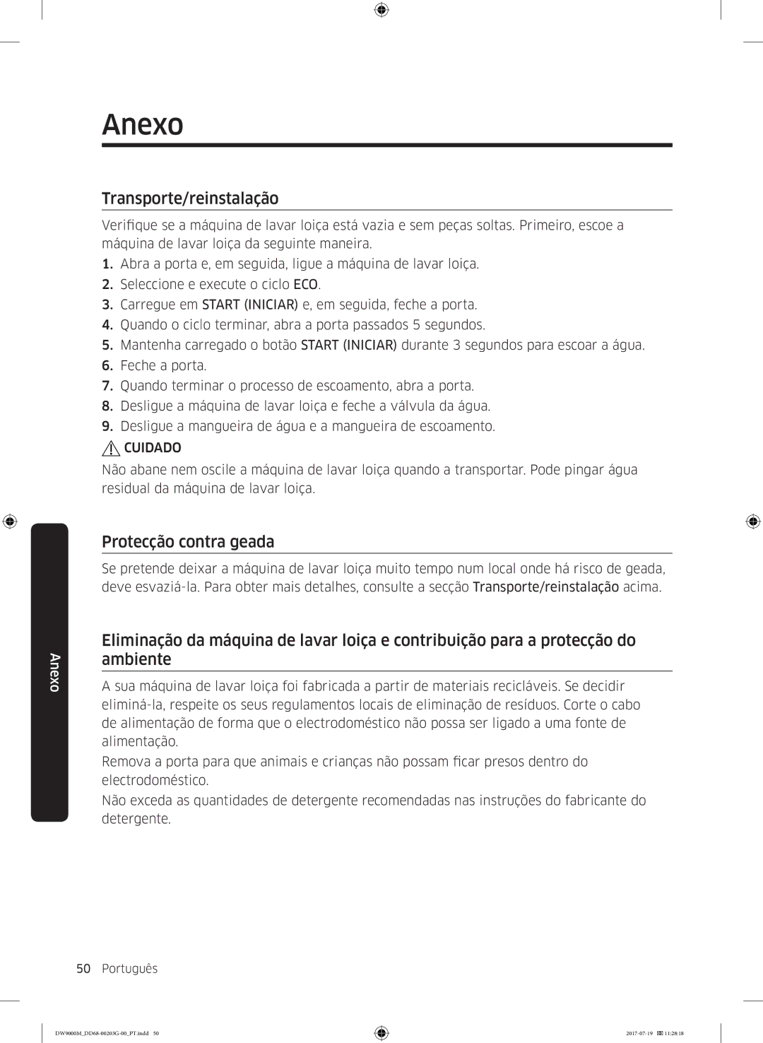 Samsung DW60M9550FS/EC, DW60M9550FW/EC manual Anexo, Transporte/reinstalação, Protecção contra geada 