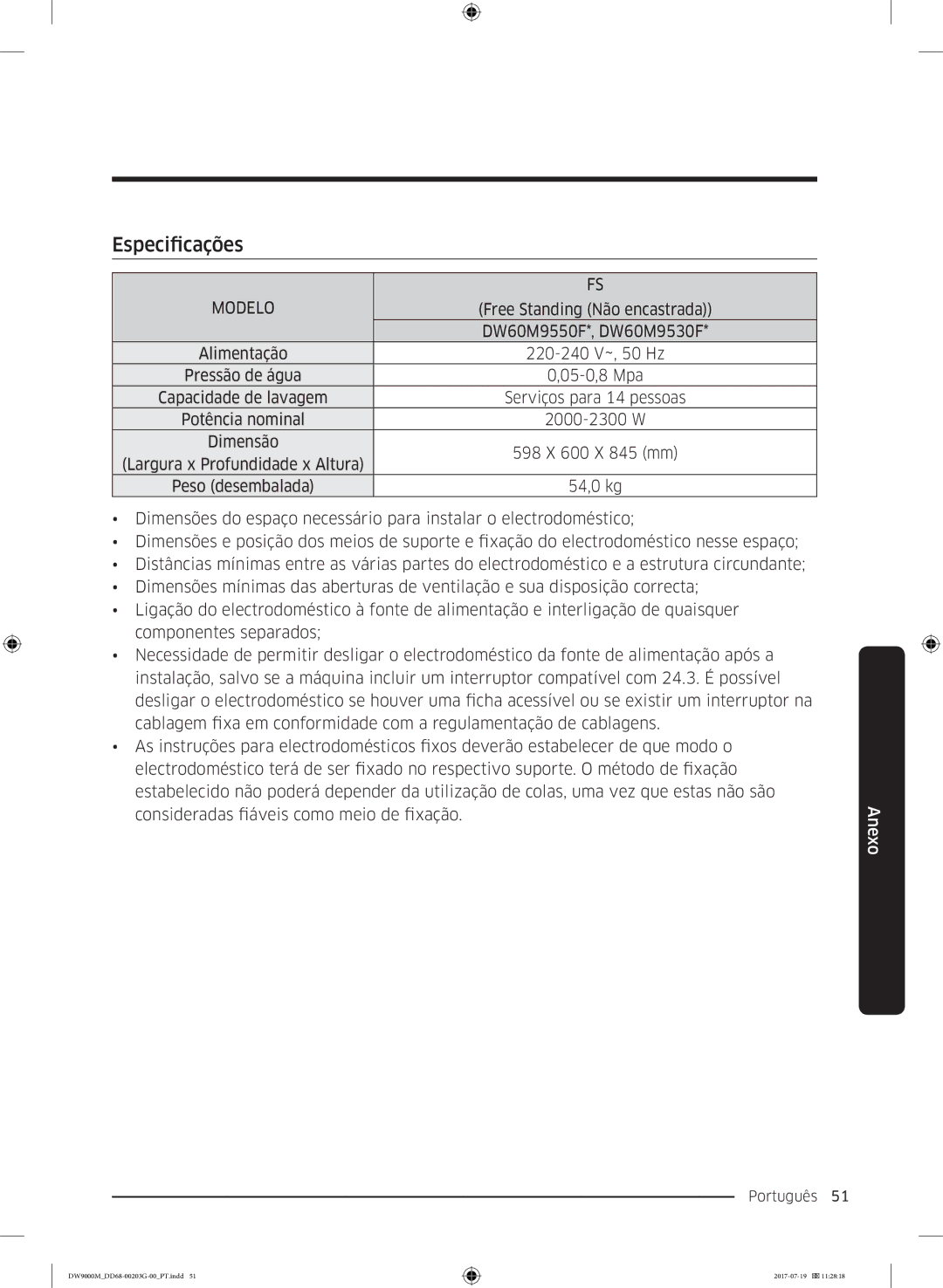 Samsung DW60M9550FW/EC, DW60M9550FS/EC manual Especificações 